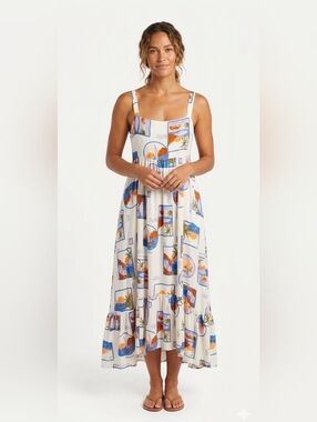 Paper Heart Sleeveless White Maxi Dress with Blue and Orange Scenic Print Med